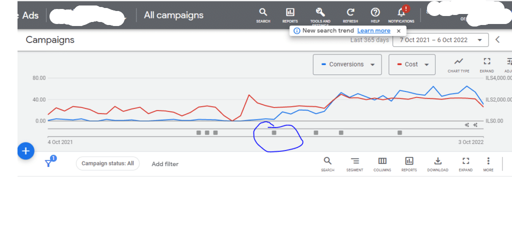 גרף Google Ads אנונימי: מספר המרות (כחול) מול עלות פרסום (אדום) לאורך שנה
