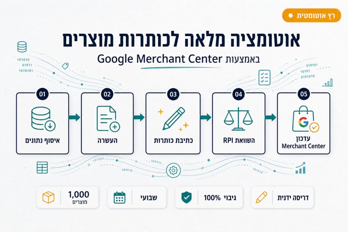 חמשת שלבי המערכת: איסוף נתונים, העשרה, כתיבת כותרות, השוואת RPI ועדכון Merchant Center