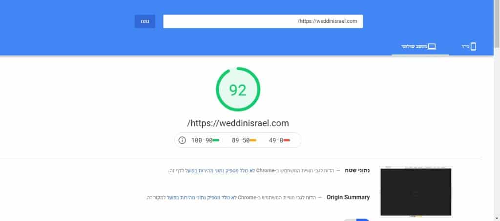 ציון PageSpeed 92 של WeddinIsrael